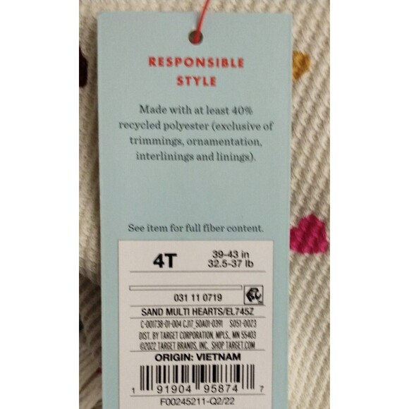 NWT, Cat & Jack Girls 4T Drop-Waist Shirt,  Cream With Mini Colored Hearts - Picture 8 of 8